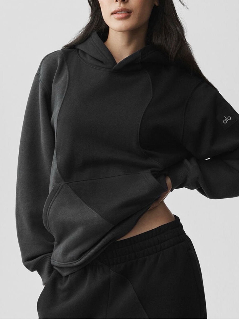 ALO Yoga Black Panelled Pullover Hoodie